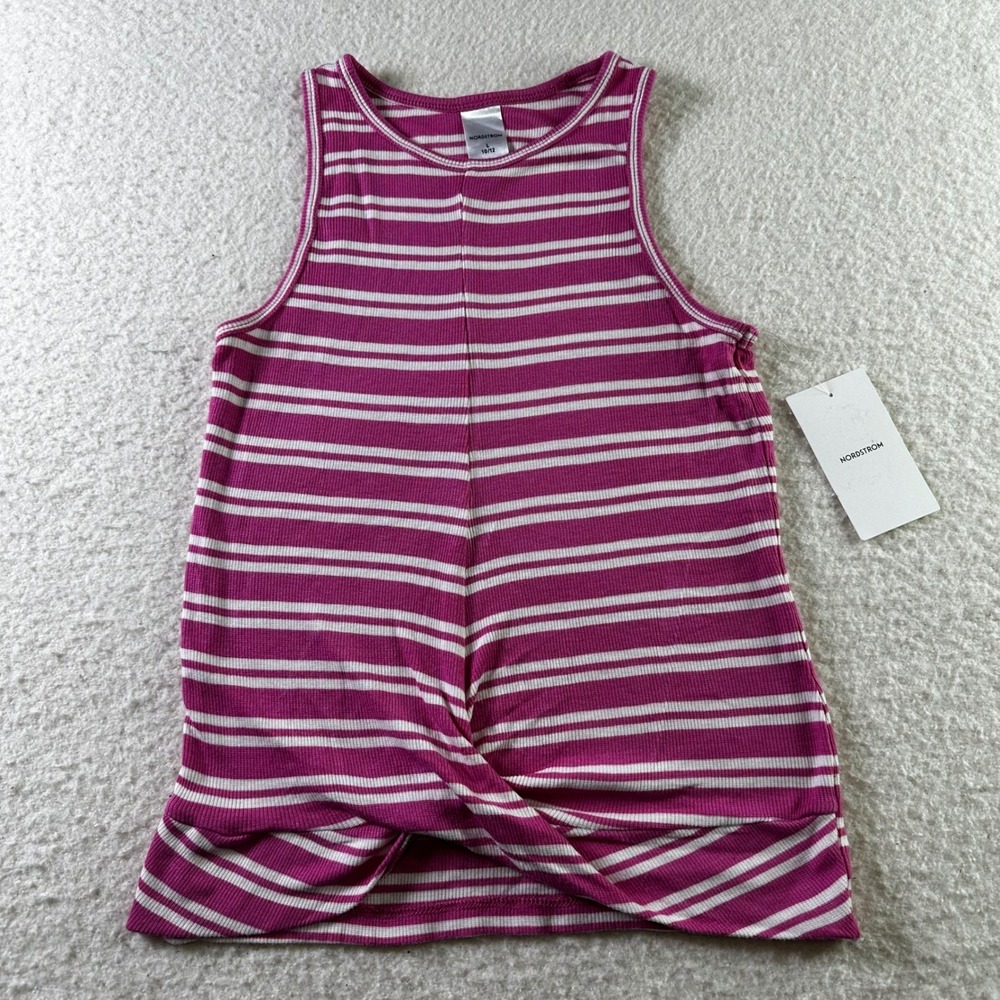 NWT Nordstrom Girls Striped Twist Front Tank Top Shirt Size L Pink White Ribbed‎
